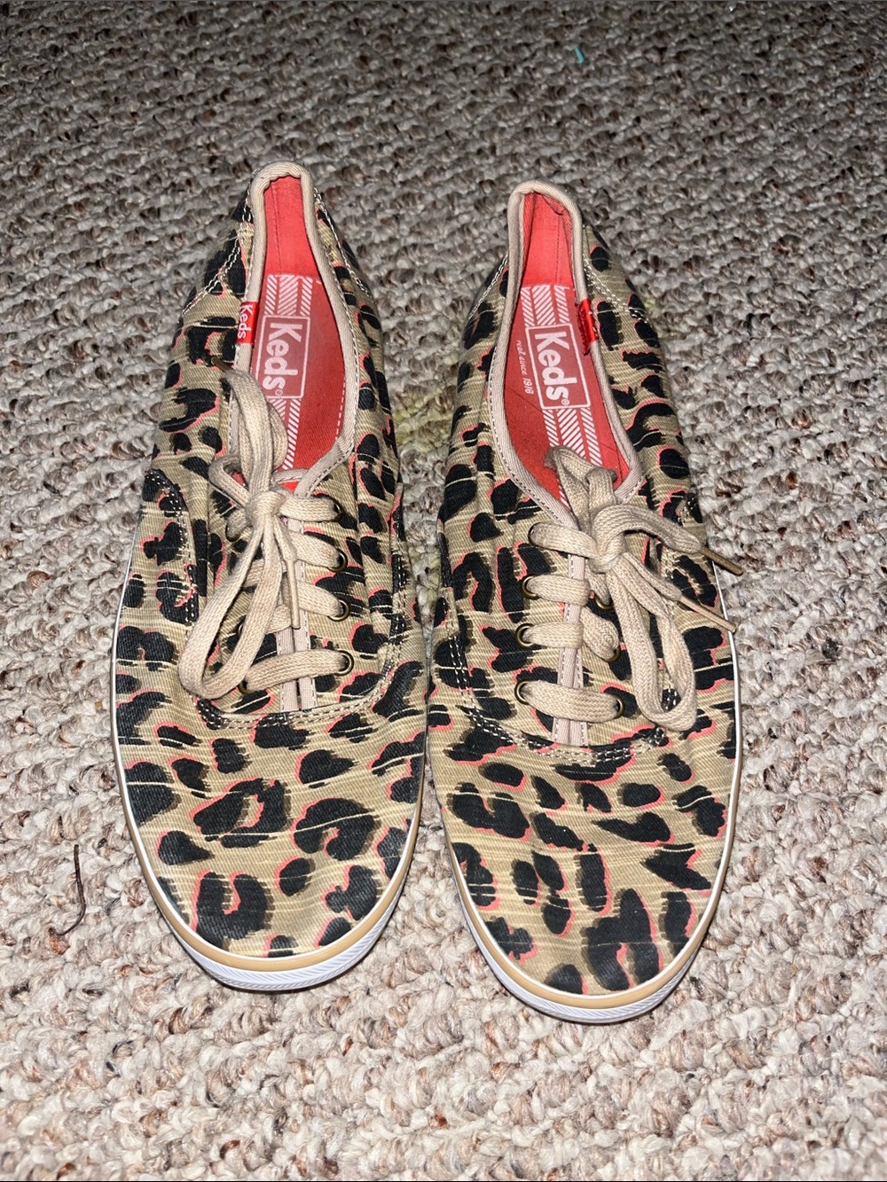 Keds Leopard Print Canvas Sneakers in Tan and Black with Coral Insole